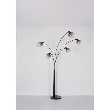 Stojanové svietidlo, kov čierny matný, sklenená guľa dymovej farby, kábel PVC čierny, vyínač na kábl 19