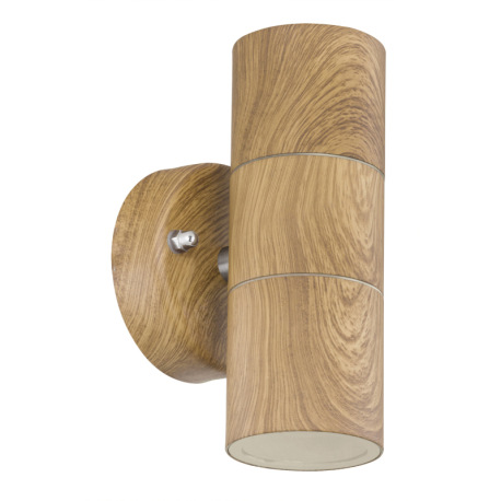 Vonkajšie svietidlo, nerezová oceľ, imitácia dreva, číre sklo, nástenné svietidlo svietiace hore a d 10