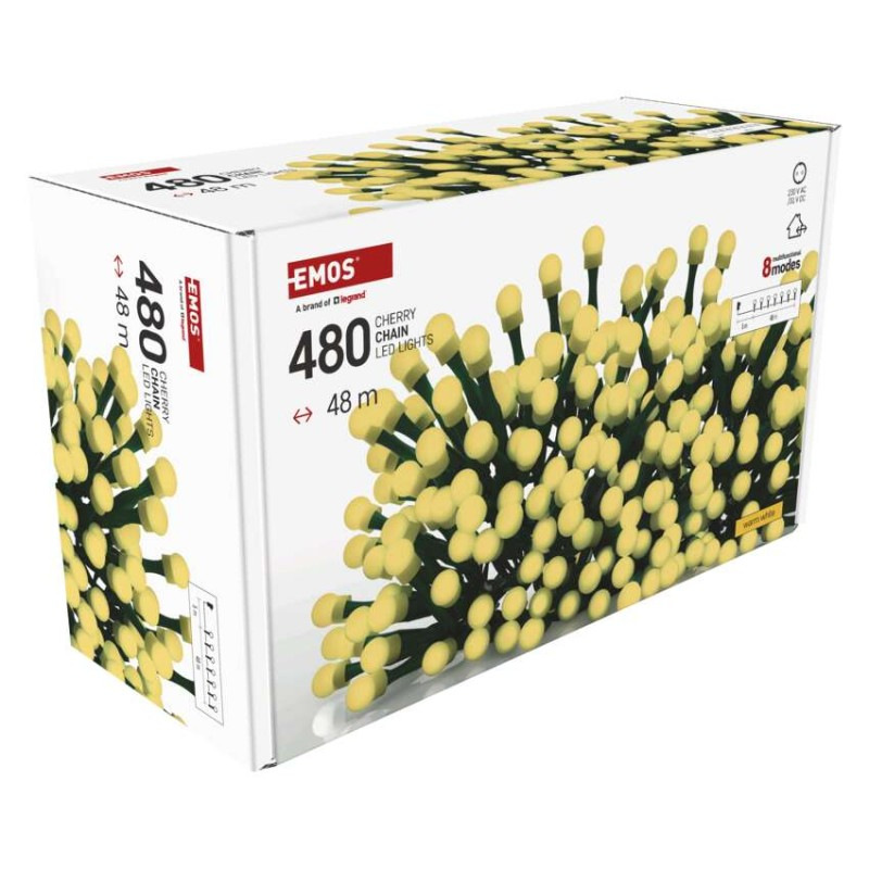 LED vianočná cherry reťaz – guličky, 48 m, vonk. aj vnútor.,teplá biela, programy, časovač 11