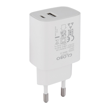 Sieťový adaptér, 10W 5V 2A s výstupom USB A a USB-C, DxŠxV: 80x41x29 mm