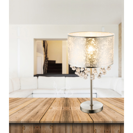 Stolová lampa, kov nikel matný, textil strieborný, akrylové krištále priehľadné, kábel 1,5m, vypínač 10