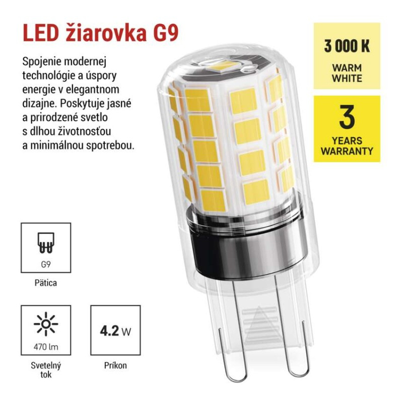 LED žiarovka Classic JC / G9 / 4,2 W (40 W) / 470 lm / teplá biela 1