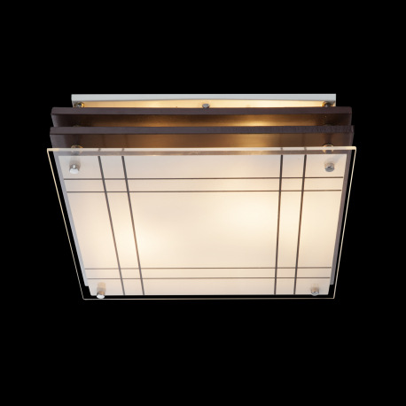 Stropné svietidlo, drevo tmavohnedé, satinované sklo, DxŠxV: 310x310x80, bez žiaroviek 2xE27, max. 6 10