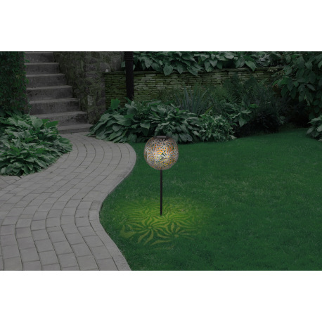 Solárne svietidlo, kov strieborný, s hrotom na zapichnutie do zeme, s dekoratívnym dierovaním, IP44, 1