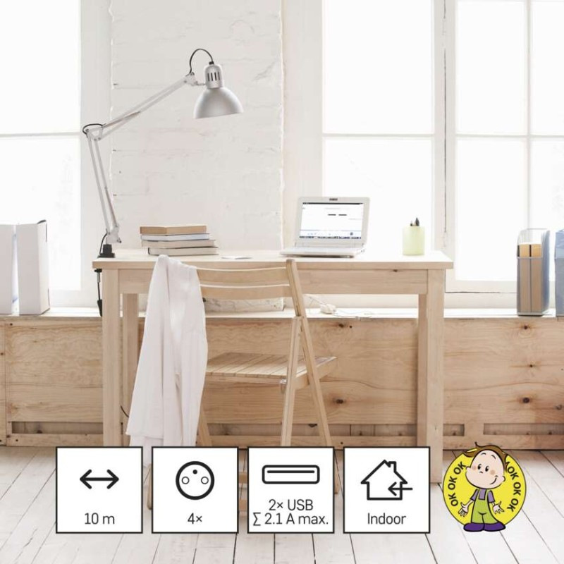 Predlžovací kábel - kocka 1,9 m / 4 zásuvky / biely / PVC / s USB / 1 mm2 3