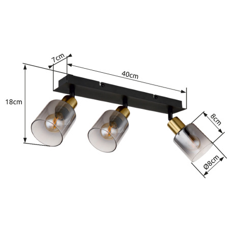 Stropné svietidlo, kov čierny matný, kov zlatý matný, sklo dymové, priehľadné, DxŠxV: 400x80x182mm, 14