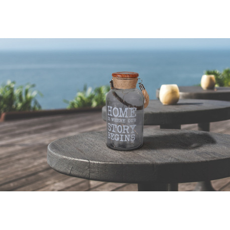 Solárne svietidlo, plast so vzhľadom dreva, priehľadné sklo, konopné lano hnedé, na zavesenie alebo 8