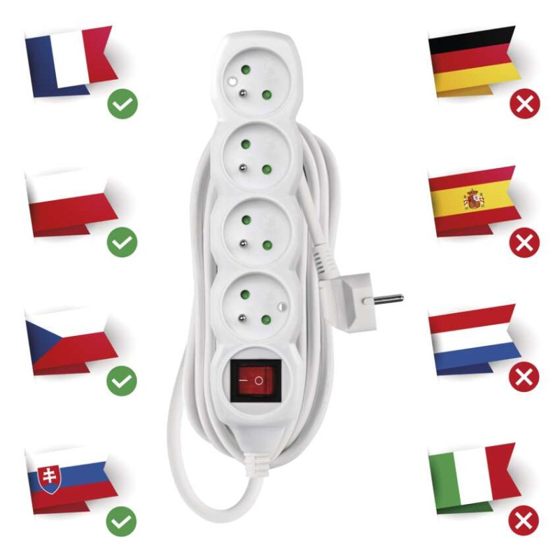 Predlžovací kábel 5 m / 4 zásuvky / s vypínačom / biely / PVC / 1 mm2 1