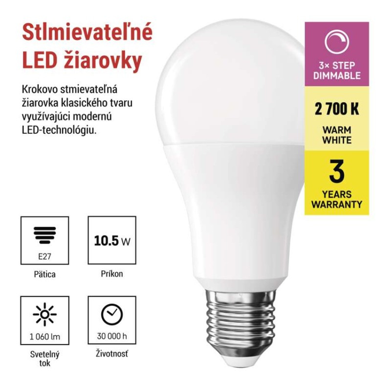 LED žiarovka Classic A60/E27/10,5 W (75 W)/1 060 lm/teplá b./krokovo stmievateľná 1