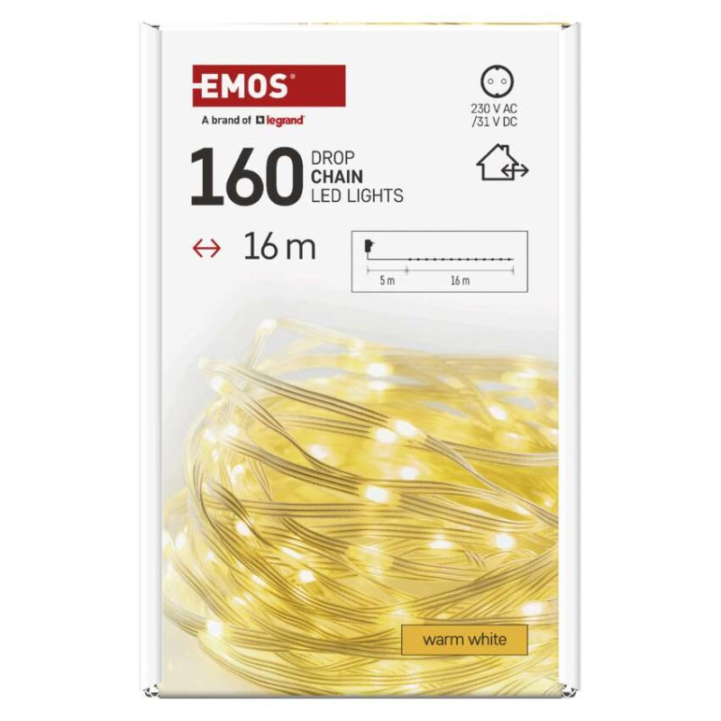 LED vianočná drop reťaz, 16 m, vonkajšia aj vnútorná, teplá biela, časovač 6