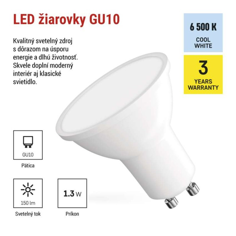 LED žiarovka Classic MR16 biela/ GU10 / 1,3 W (16 W) / 150 lm / Studená biela 1