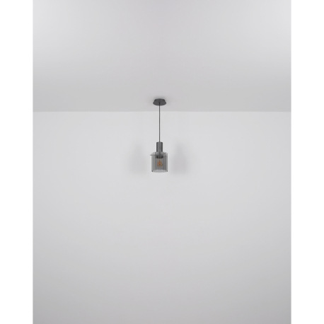 Závesné svietidlo, kov sivý tmavý, sklo dymovej farby, textilný kábel čierny, možnosť skrátenia výšk 6