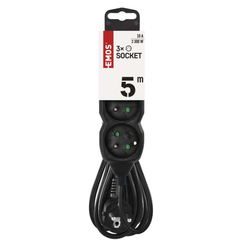 Predlžovací kábel 5 m / 3 zásuvky / čierny / PVC / 1 mm2