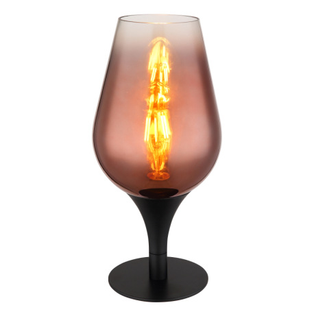 Stolové svietidlo, kov čierny, sklo medenej farby, priehľadné, textilný kábel čierny, kolískový vypí