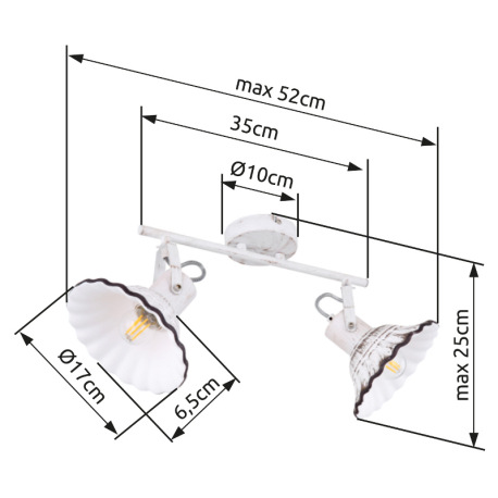 Nástenné svietidlo, kov biely a čierny, keramika biela a čierna, DxV:520x250, bez žiaroviek 2xE27, m 12