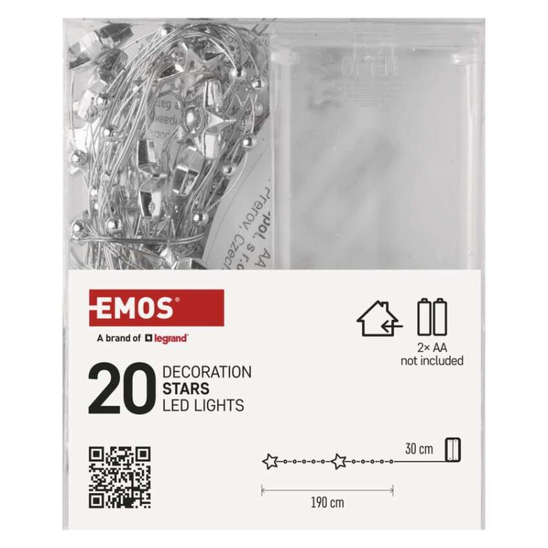 LED vianočná reťaz strieborný – hviezdičky, 1,9 m, 2x AA, vnútorný, teplá biela, časovač 4