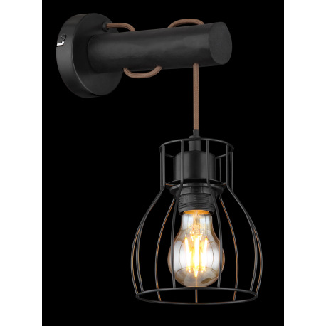 Nástenné svietidlo, kov čierny, drevo čierne, imitácia spáleného dreva, textilný kábel šampaň, vypín 6