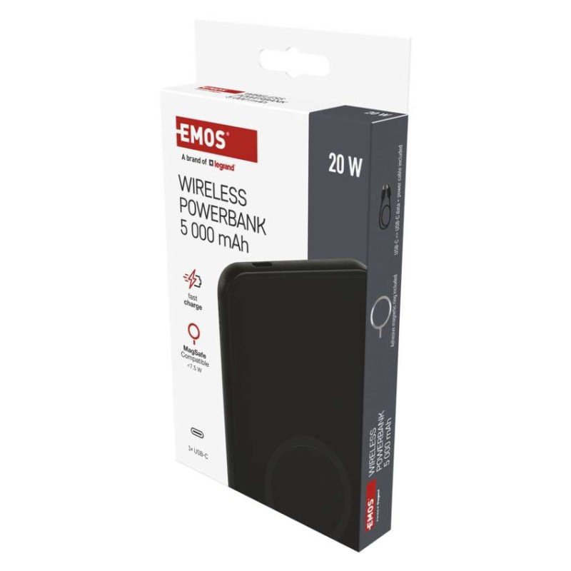 Power bank EMOS WI 521, 5 000 mAh, 20 W+Wireless, čierny 1