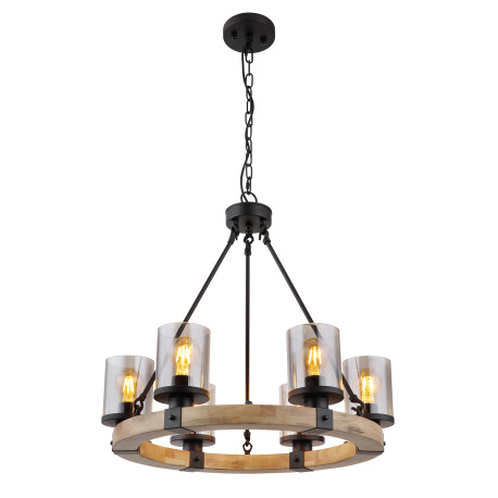 Závesné svietidlo kov čierny matný, drevo tmavohnedé, sklo dymovej farby, kábel PVC čierny, ø: 590 m