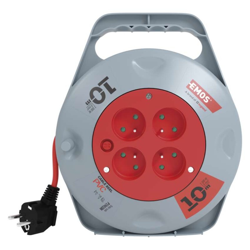 Predlžovací kábel na bubne 10 m / 4 zásuvky / červený / PVC / 230 V / 1 mm2 1