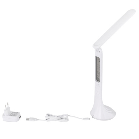 Nabíjateľná stolová lampa, plast, biela, hodiny, kalendár, budík, s adaptérom, zapnutie dotykom, dot 10