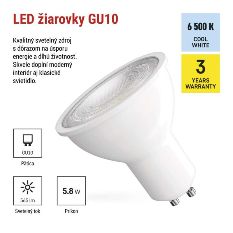 LED žiarovka Classic MR16 biela/ GU10 / 5,8 W (75 W) / 565 lm / Studená biela 1