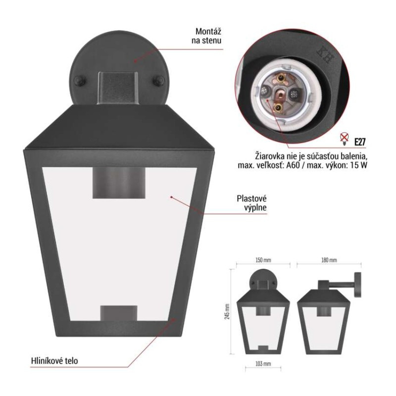 Záhradné nástenné svietidlo ADENIA, 18 x 15 x 24,5 cm, 1 x E27, 15 W 4
