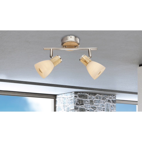 Nástenné svietidlo, nikel matný, drevo, sklo biele pruhované, DxV: 255x155, bez žiaroviek 2xE14, max 1