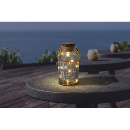 Solárne svietidlo, plast so vzhľadom dreva, priehľadné sklo, konopné lano hnedé, na zavesenie alebo 7