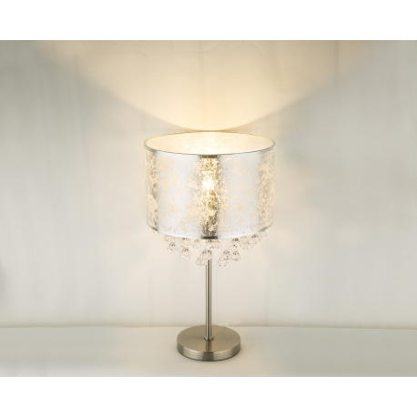 Stolová lampa, kov nikel matný, textil strieborný, akrylové krištále priehľadné, kábel 1,5m, vypínač 6