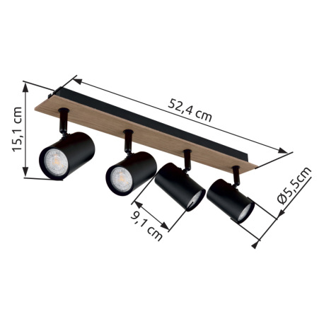 Stropné svietidlo, kov čierny matný, MDF imitácia dreva, DxŠxV: 500x60x151mm, bez žiaroviek 4xGU10, 12