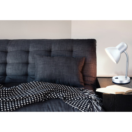 Stolová lampa, kov stieborný, plast, vypínač, ŠxV: 215x350, bez žiarovky 1xE27, max. 40W 230V. 1