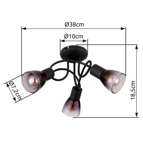 Stropné svietidlo, kov čierny, sklo dymové a priehľadné, ø: 380 mm, V: 185 mm, bez žiaroviek 3xE14, 16