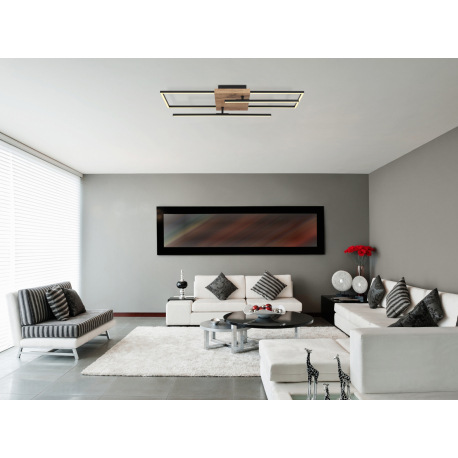 Stropné svietidlo, kov čierny, MDF vzhľad dreva, plast opál, otočné, DxŠxV:800x610x115mm, vrátane LE 1