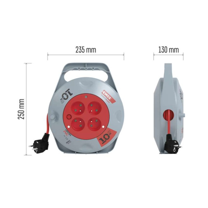 Predlžovací kábel na bubne 10 m / 4 zásuvky / červený / PVC / 230 V / 1 mm2 10