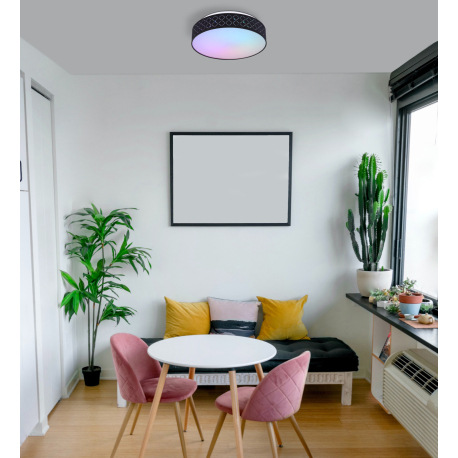 Stropné svietidlo, kov biely,textil čierny,akryl opál,pamäťová funkcia,nočné svetlo,stmievateľné,dia 19