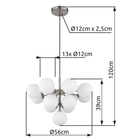 Závesné svietidlo, kov nikel, sklo biele, čierny textilný kábel, ø: 560 mm, V: 1200 mm, bez žiarovie 14