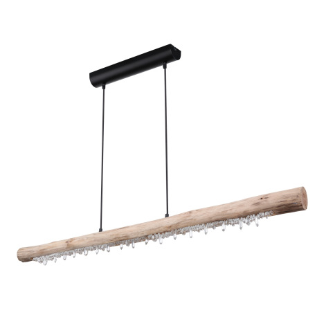 Závesné svietidlo, kov čierny matný, prírodné drevo, akrylové krištále číre, kábel čierny, 3 úrovne 3