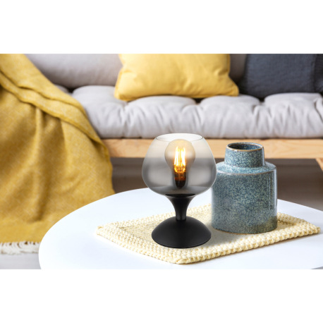 Stolové svietidlo, kov čierny matný, sklo dymové, číre, kábel čierny textil, kolískový vypínač na ká 1