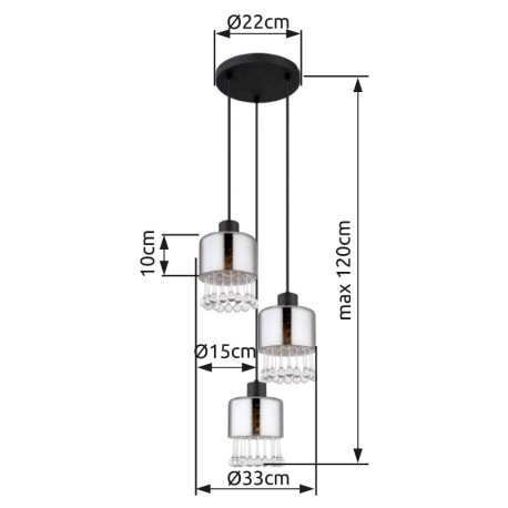 Závesné svietidlo, kov čierny matný, sklo dymové, sklenené kvapky priehľadné, akrylové krištále prie 4