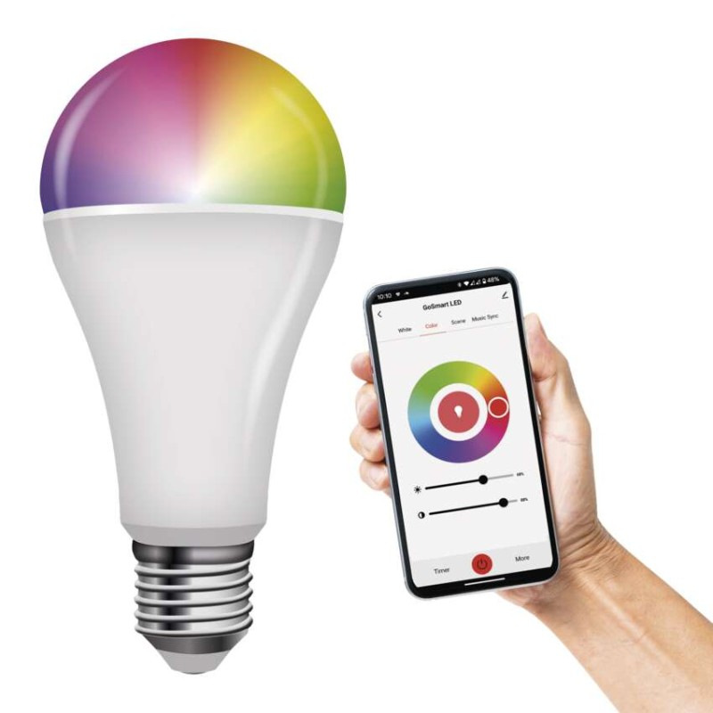 LED žiarovka GoSmart A65 / E27 / 14 W (94 W) / 1 400 lm / RGB / stmievateľná / WiFi 7