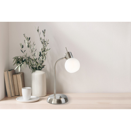 Stolná lampa, kov nikel matný, sklo biele, kolískový vypínač na výrobku, flexo, DxŠxV: 130x130x300mm 2