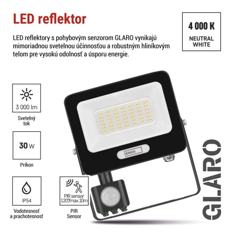 LED reflektor GLARO s pohybovým čidlom, 30 W, čierny, IP54, 3000 lm, neutrálna biela 6