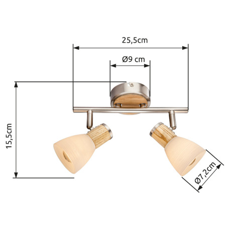 Nástenné svietidlo, nikel matný, drevo, sklo biele pruhované, DxV: 255x155, bez žiaroviek 2xE14, max 3