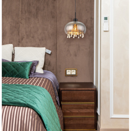 Závesné svietidlo, kov čierny matný, sklo dymové, sklenené krištále priehľadné, textilný kábel čiern 8