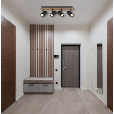 Stropné svietidlo, kov čierny matný, MDF imitácia dreva, DxŠxV: 500x60x151mm, bez žiaroviek 4xGU10, 7