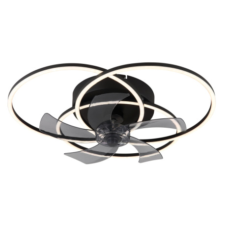Stropný ventilátor, kov/hliník čierny matný, plast biely/dymový, stmievateľný, nástenný vypínač s vi