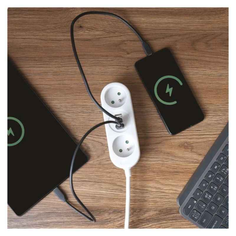 Predlžovací kábel 2 m / 2 zásuvky+2×USB A+1×USB C / biely / PVC / 1 mm2 6