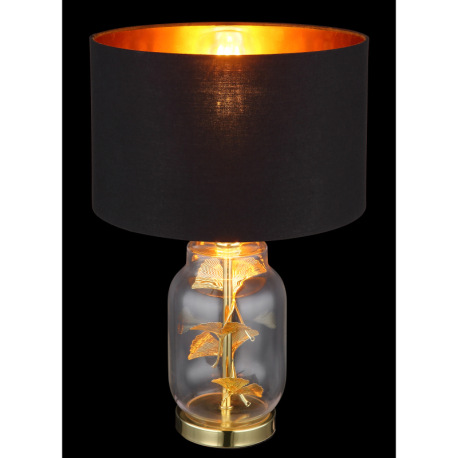 Stolové svietidlo, mosadzný kov, sklo priehľadné, čierny textil, plast zlatej farby, čierny PVC kábe 2