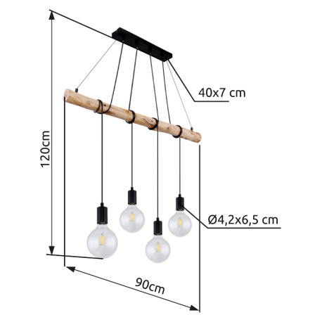 Závesné svietidlo, kov čierny matný, drevo, DxŠxV: 900x70x1200, bez žiaroviek 4xE27, max. 60W 230V 8